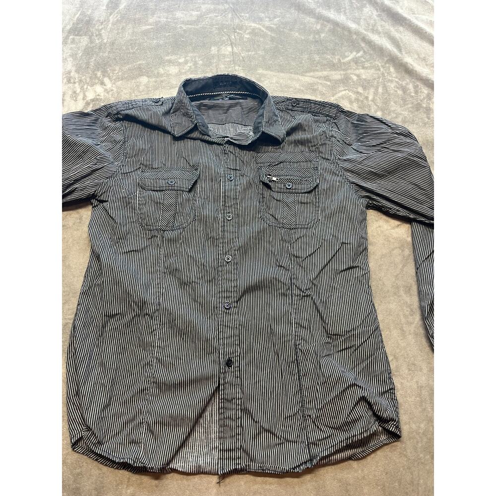 CJ Black Shirt Mens Medium Black Slim Fit Long Sleeve Button Striped Pockets